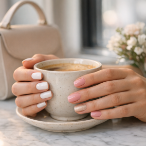 Best gel nail strips in London look with glossy milky white and blush manicure in a café setting