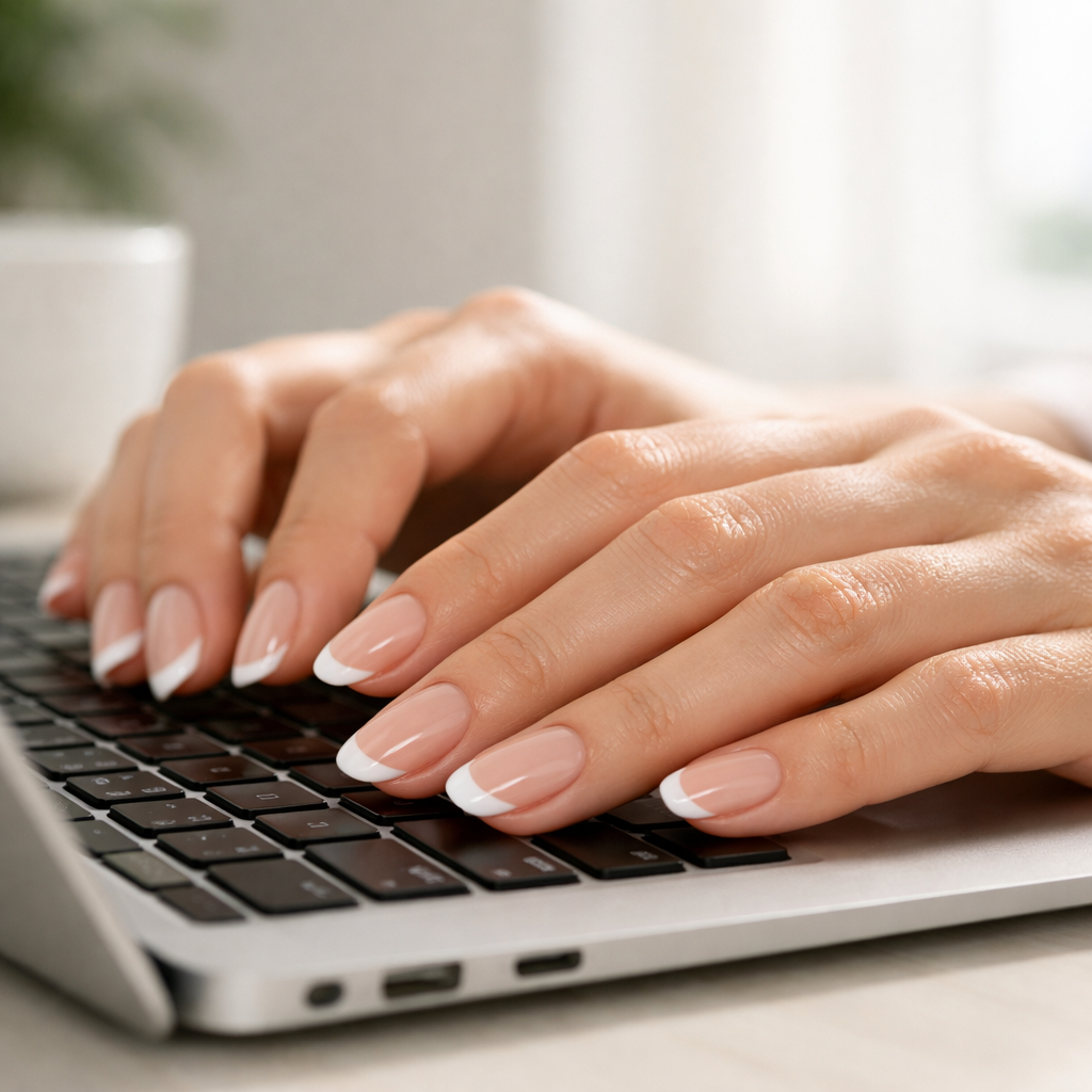 Best gel nail strips in Nottingham French tip manicure on hands typing on a laptop
