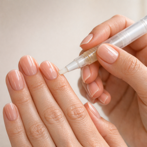 stop biting nails gel strips before and after with short soft pink manicure