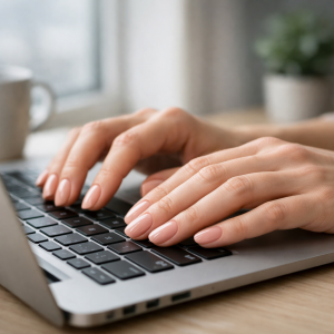 Best gel nail strips in Newcastle shown as glossy nude-pink semi-cured gel manicure on adult hands typing on a laptop