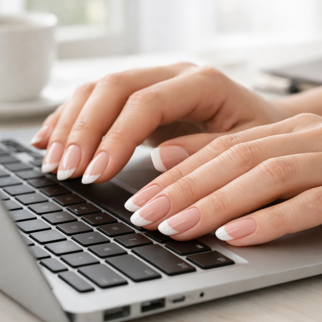 Best gel nail strips in Hull French tip gel manicure on adult hands typing on a laptop