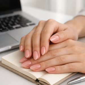 at home gel nails vs salon comparison with glossy nude-pink gel manicure on adult hands