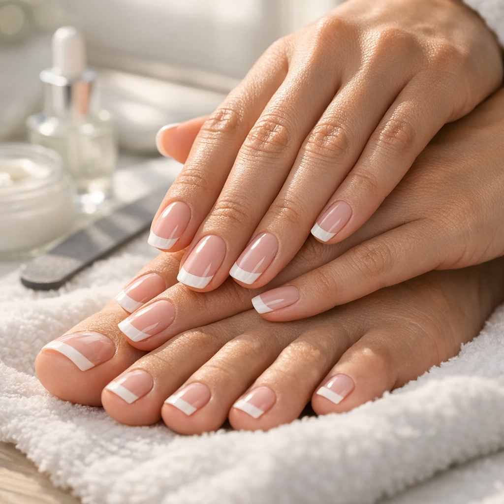 The UK Guide to At-Home Pedicure Gel Strips with glossy French pedicure in natural light