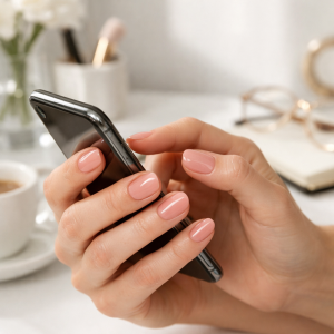 1.1 gel nail strips method with glossy neutral at-home manicure