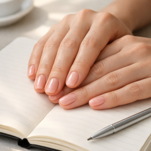 Gel nail strips for beginners on short glossy nude-pink nails at a desk