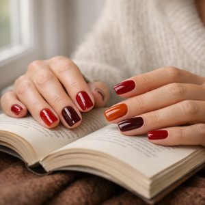 autumn nail colours uk glossy berry manicure on adult hands holding a book